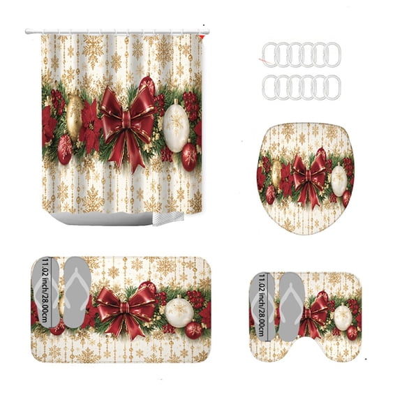 4‑Piece Christmas Bathroom Decor Set, Red Bow Poinsettia Snowflake Printed Waterproof Shower Curtain, Non‑Slip Bath Rug & Toilet Lid Cover for Holiday Bathroom Refresh