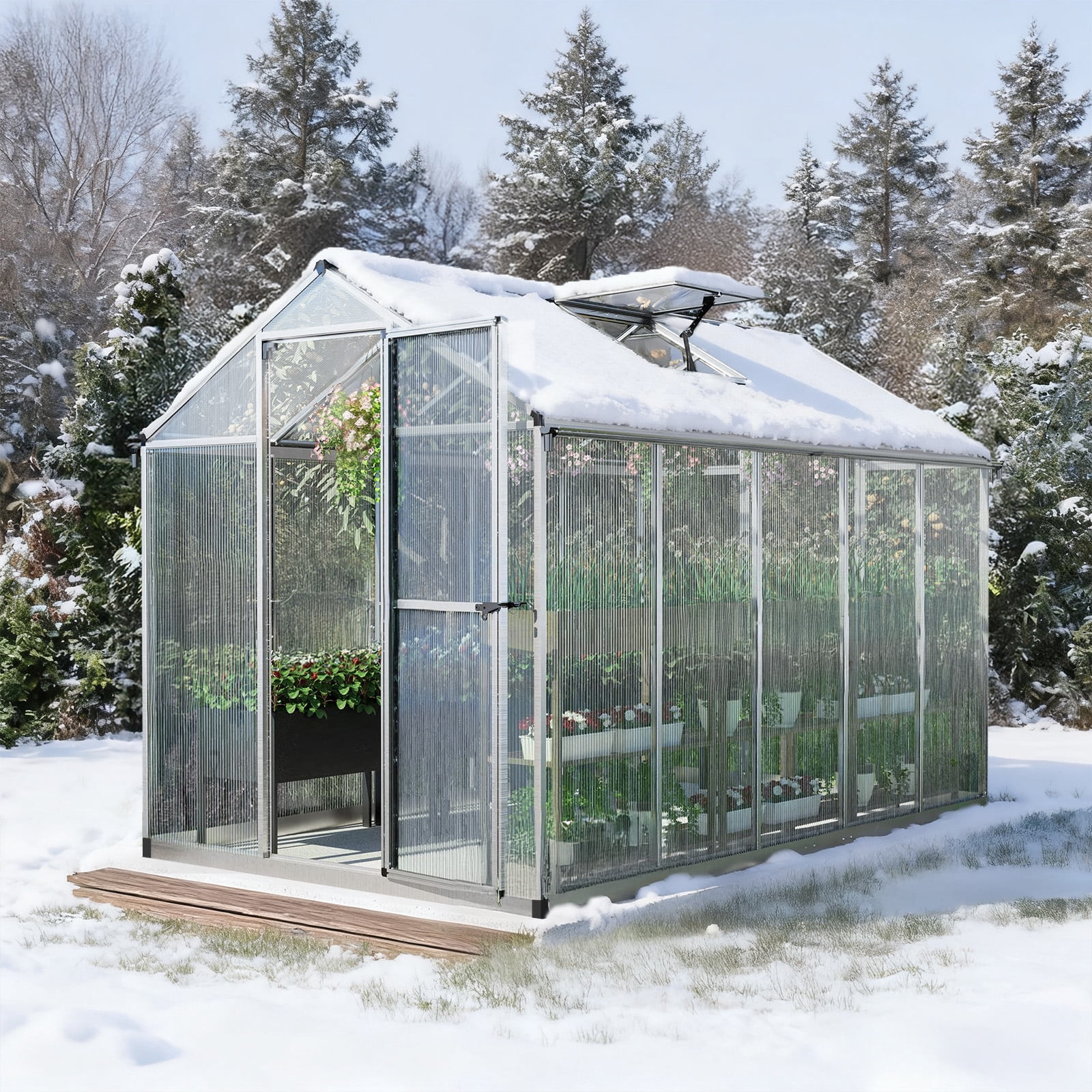 Aoodor 6' x 10' Outdoor Greenhouse, Walk-in Polycarbonate Greenhouse with Aluminum Frame for Outside Backyard, Silver