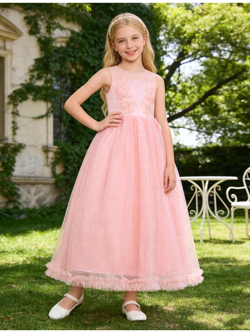 dresses for tween girls formal IBTOM CASTLE Flower Girl Maxi Wedding Dress Floral First Communion Easter Ball Gown Pageant Junior Bridesmaid 8-9 Years Pink J2605VO2729449