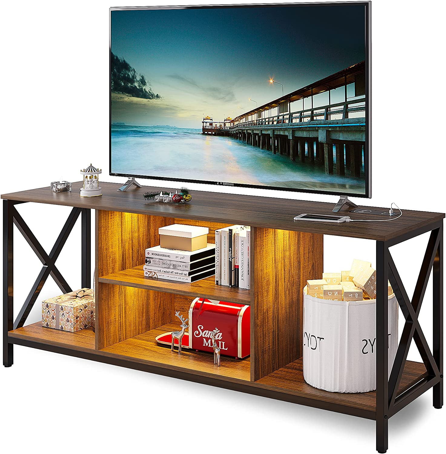 HNEBC LED TV Stand Brown TV Stand with USB/Wireless Charging Station TV