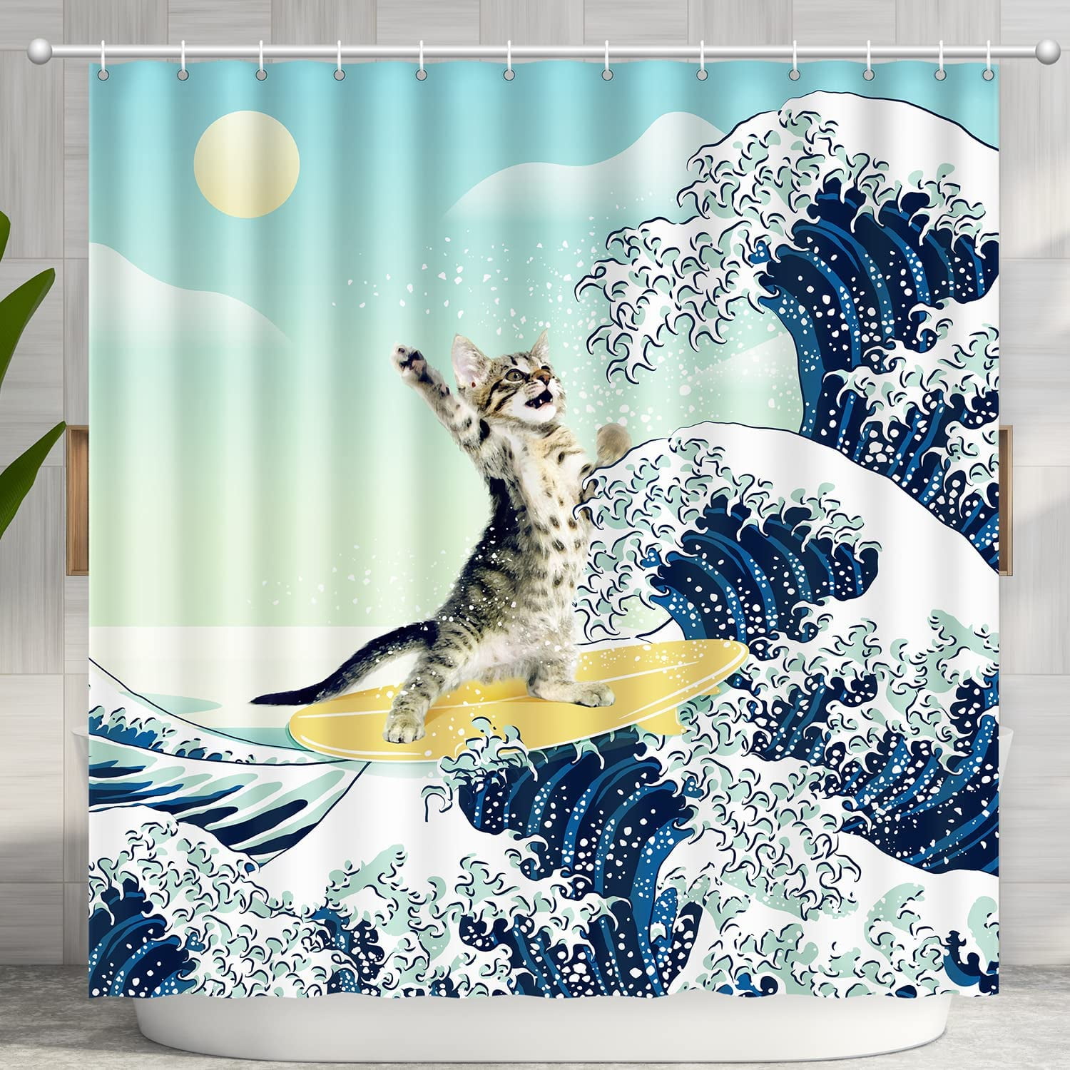 Funny Cat Shower Curtain, Surfer Cat Shower Curtain Battle Blue