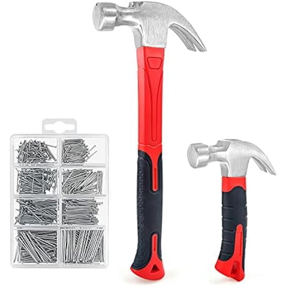 2 Piece Hammer Set,8oz Stubby Claw Hammer With Magnetic Nail Starter & 16oz Fiberglass General Purpose Claw Hammer & 560pcs Hardware Nail Assortment Kit, Soft Nonslip Handle & Heat Treated Head