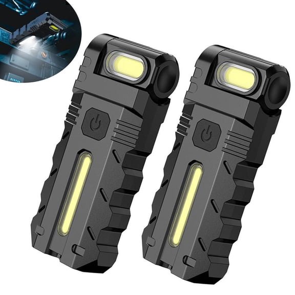 LED Work Light with Magnetic Base, USB-C Rechargeable Mini Keychain Flashlight, Dual Beam Hands-Free Pocket Light with Clip for Auto Repair, Mechanic, Camping & Emergency (2-Pack)
