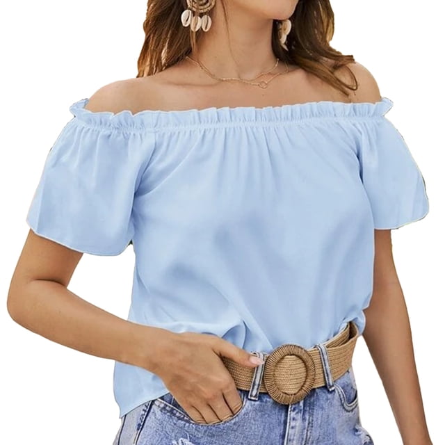 Top de verano para mujer, Top informal holgado con hombros descubiertos y manga corta con ribete de volantes para mujer