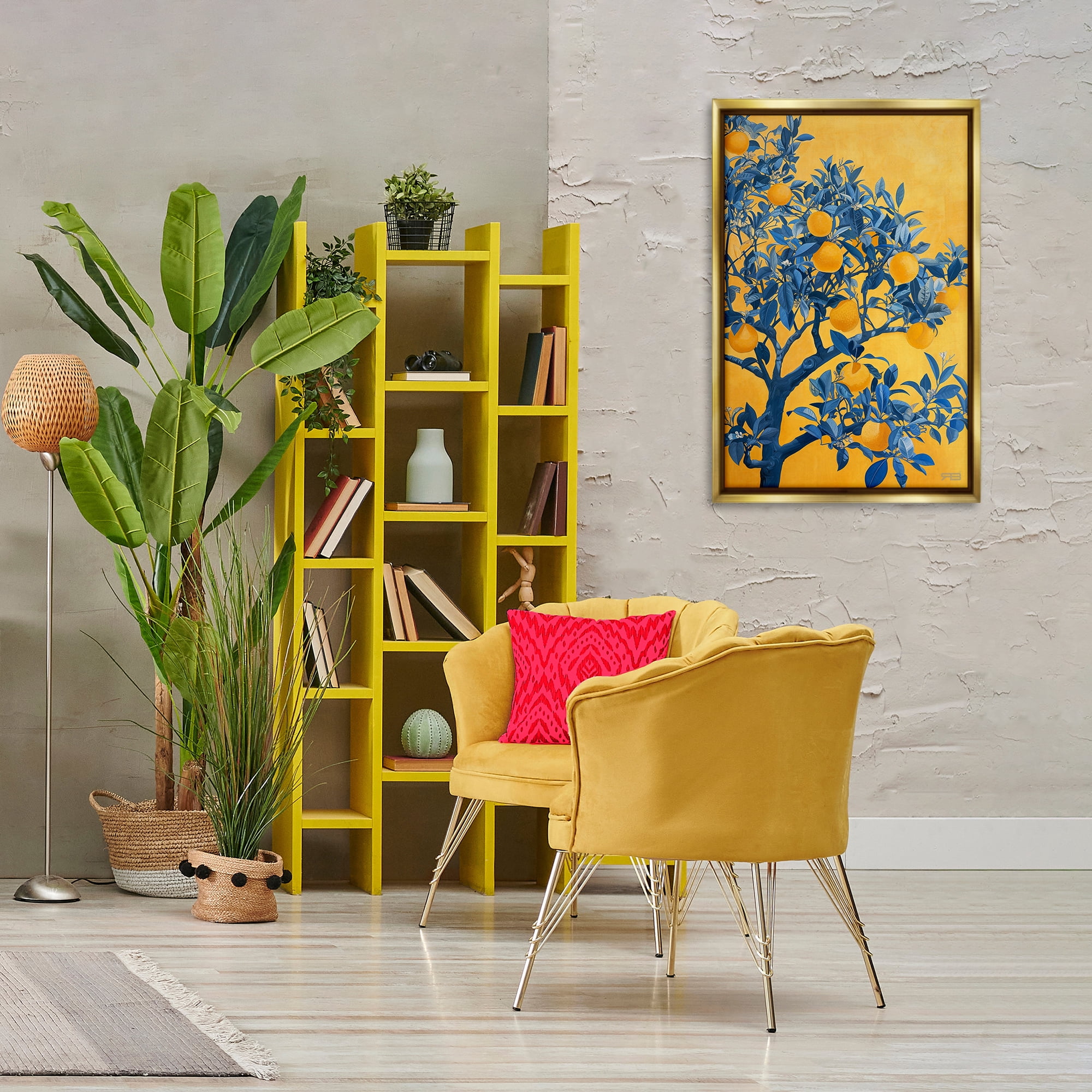 Stupell Industries Lemon Tree on Orange Food & Beverage Painting Gold Floater Framed Canvas Art Print Wall Art, 21 x 31