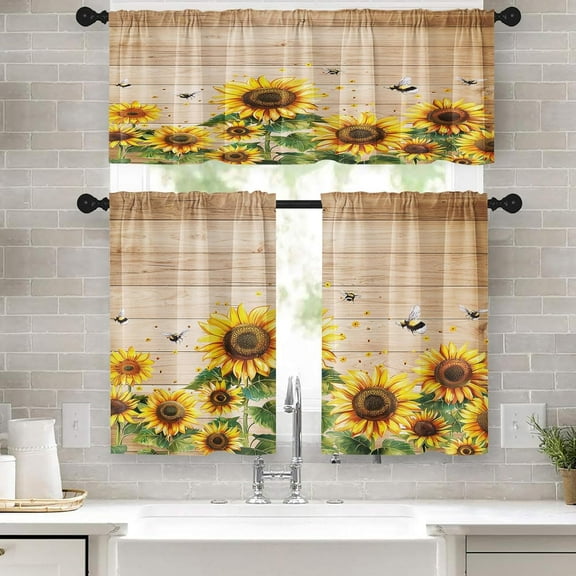 Farmhouse Sunflowers Kitchen Window Curtains Valance and Tier Set 36 Inch, Summer Floral 3 Piece Set Short Curtains for Window Country Wooden Window Treatment Tiers for Living Room Bedroom