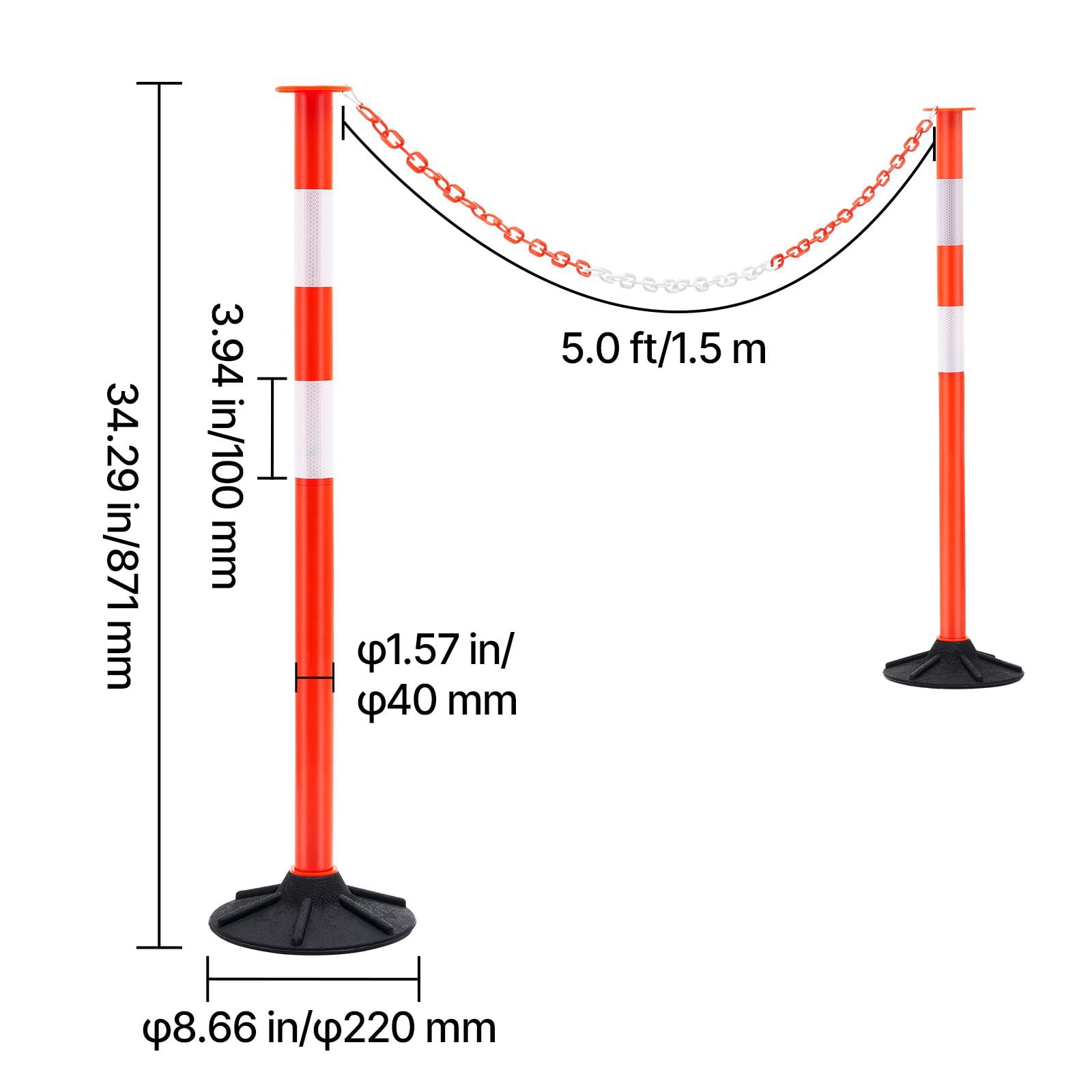 2-Pack Traffic Delineator Posts, 34 Inch Safety Cones, Reflective Strips, Weighted Rubber Base, Chain Attachment, for Construction Sites, Parking Lots & Crowd Control