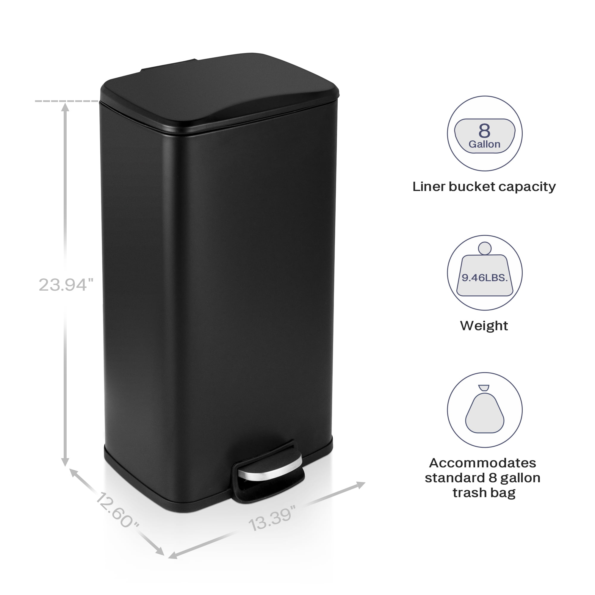 Innovaze Innovaze 8 Gal./30 Liter Rectangular step-on Trash Can for kitchen, Matt Black