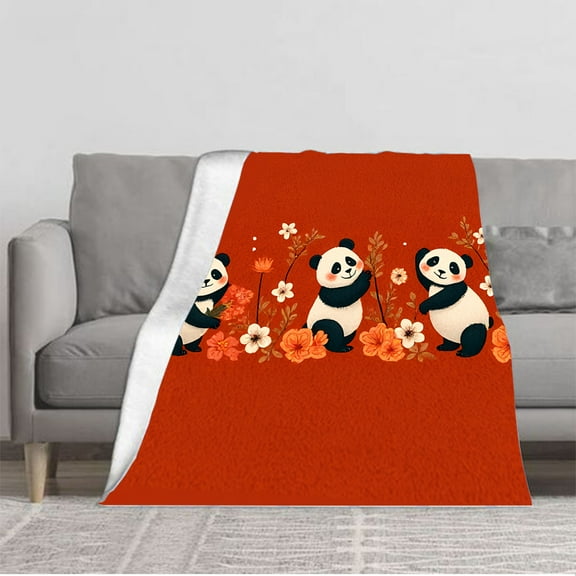 Cozy Flannel Blanket with Playful Cartoon Pandas Surrounded by Vibrant Flowers - Soft Warm Perfect for Sofa Travel Bed and Chair