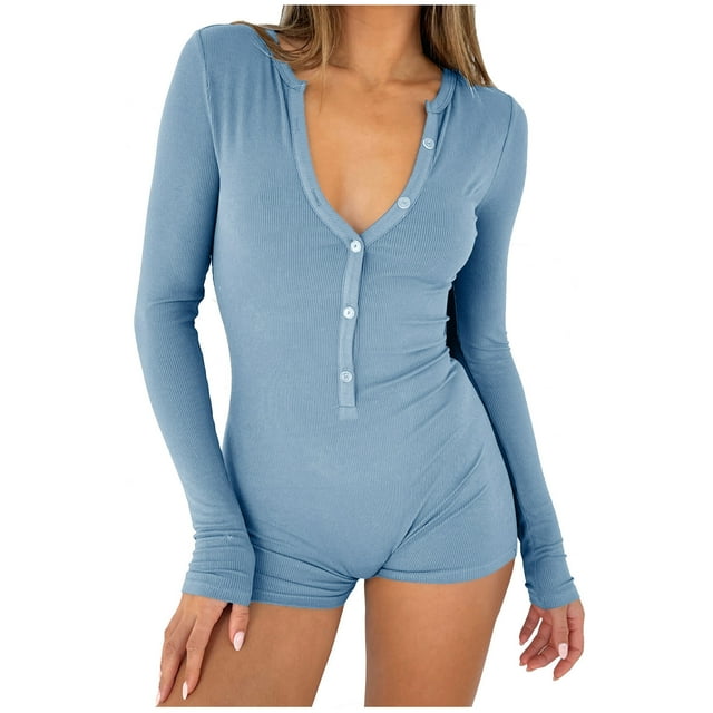 Penkiiy Combishort à Manches Courtes Côtelé avec Boutons et Col avant pour Femmes P Bleu Clair