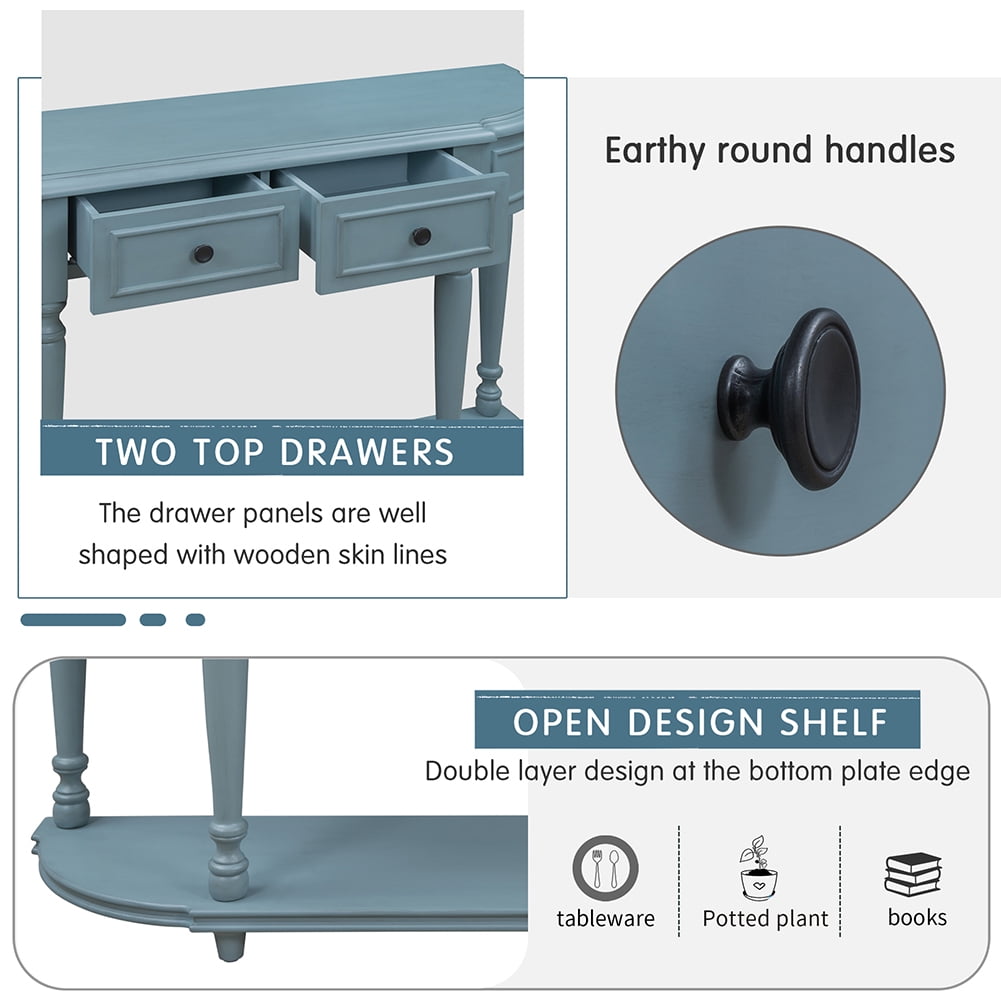 Lowestbest Retro Curved Console Table, Entryway Table with Shelf Wooden Frame and Legs Two Top Drawers (Navy) Lowestbest Retro Curved Console Table, Entryway Table with Shelf Wooden Frame and Legs Two Top Drawers (Navy)