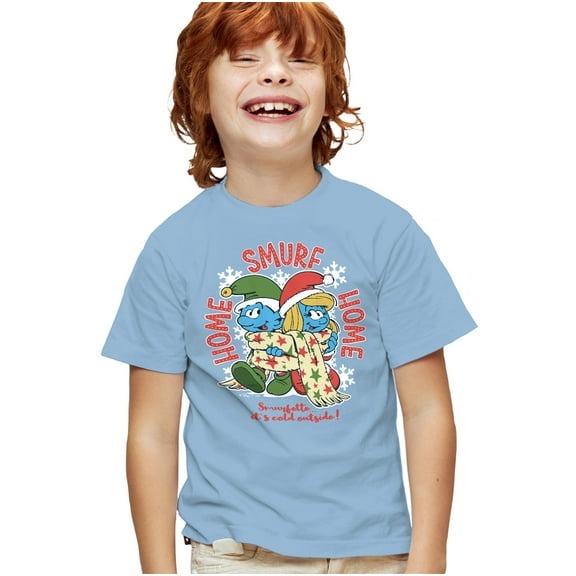 Smurfs Home Smurf Home, Christmas With Smurfette Kids T Shirt for Youth Boys and Girls, Light Blue, Small