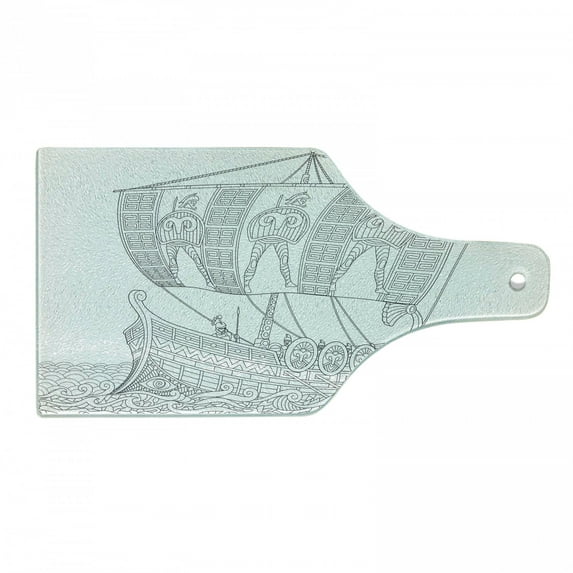 Retro Cutting Board, Greek Galley Cruising on Swirled Waves Doodle Illustration, Decorative Tempered Glass Cutting and Serving Board, Wine Bottle Shape, Black White, by Ambesonne