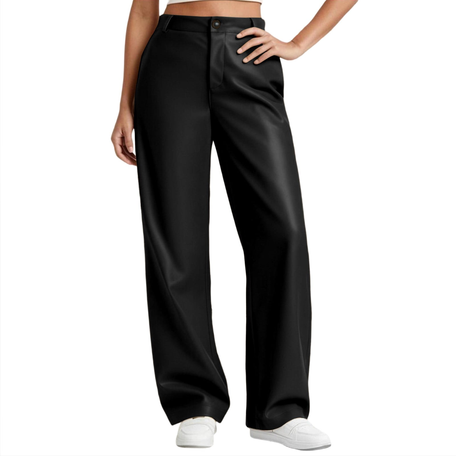QATAINLAV Black Faux Leather Pants for Women High Waisted Wide Leg Long Pants Solid Color Baggy Trousers Fashion Clothes L