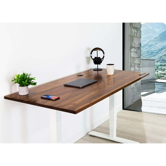 Business Sit and Stand Desk - Walnut Reinforced Solid Wood Tabletop on White Frame Medium (59"x29") with Built-in Wireless Charging Pad and Under Desk Cable Management Tray