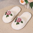 thumbnail image 3 of Women Fluffy Faux Fur Embroidery Rose Open Toe Slide Slippers White 6.5-7, 3 of 9