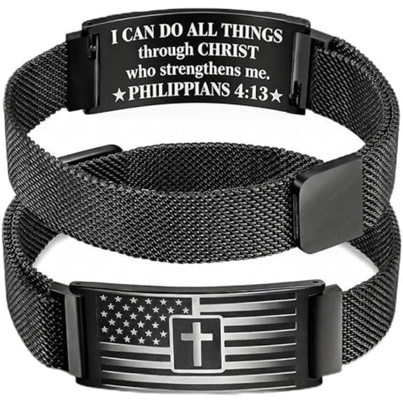 Black Stainless Steel Mesh Bracelet Set for Men Christian Cross Bible Verse Philippians 4:13 American Flag Religious Jewelry Gift