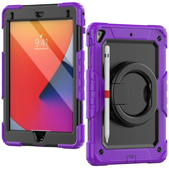 iPad 6th Generation Case with Built in Screen Protector, iPad 5th Gen Case 9.7 Inch, iPad Air 2 Case, Kids Shockproof Child Proof Cover with Rotating Stand Handle Grip for iPad 9.7" 2018/2017,Purple