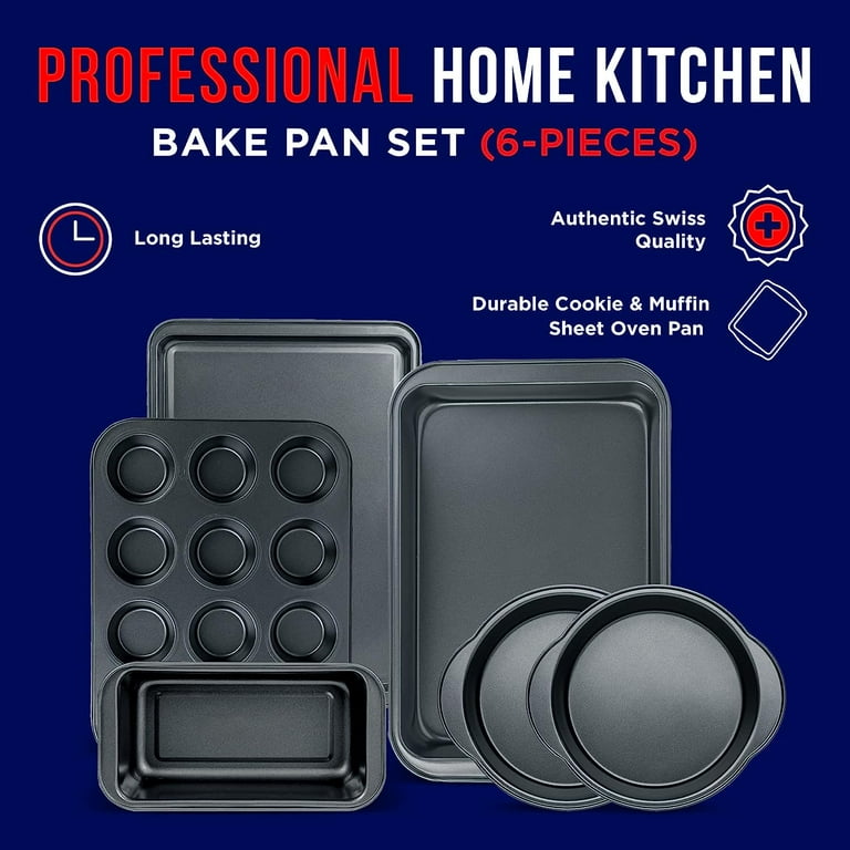 Carbon Steel, Non-Stick Black Coating Inside & Outside Bake Tray Sheet Bakeware Set (6-Pieces) Carbon Steel, Non-Stick Black Coating Inside & Outside Bake Tray Sheet Bakeware Set (6-Pieces)