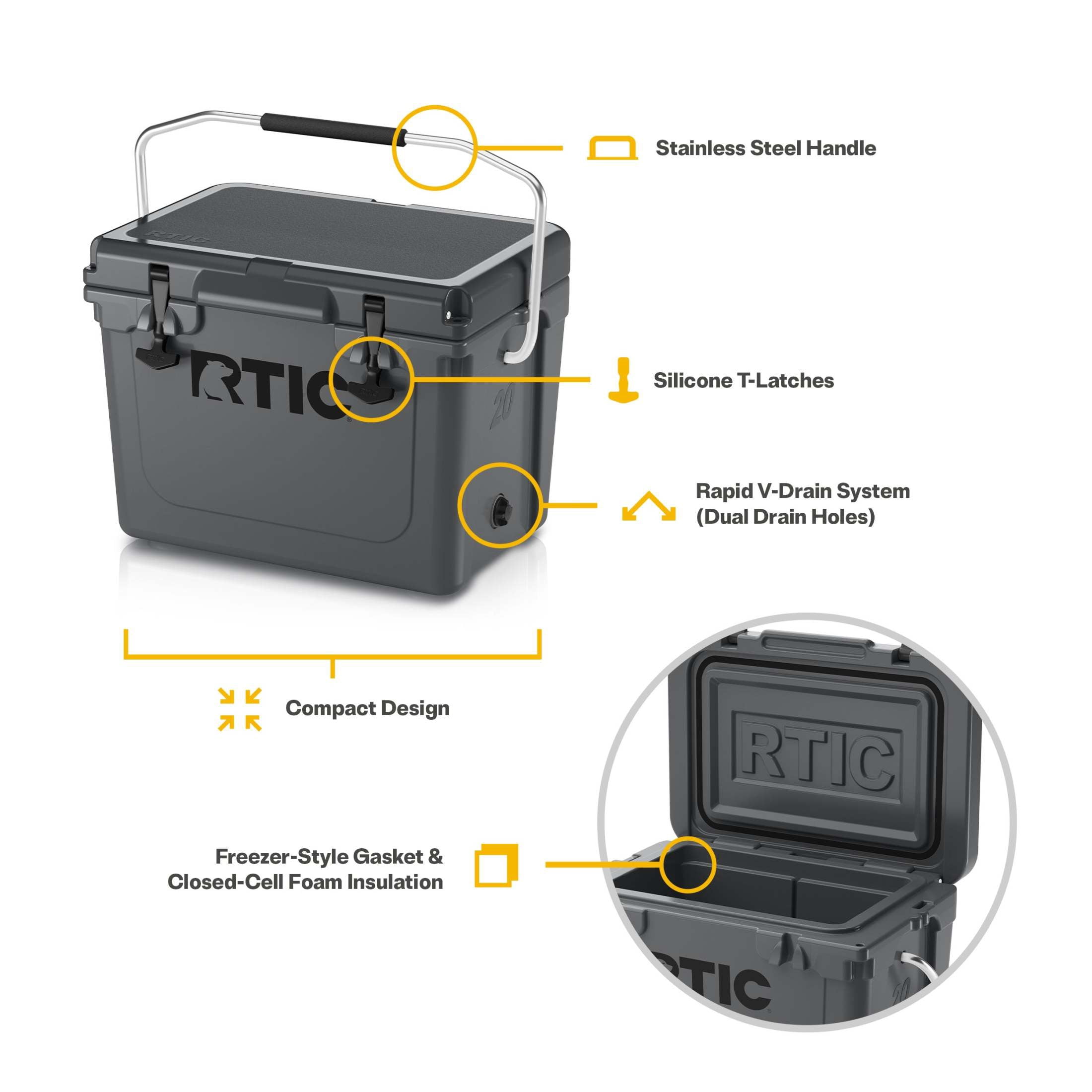 RTIC 20 QT Ultra-Tough Rotomolded Hard-Sided Ice Chest Cooler, Fits 30 Cans, Dark Grey