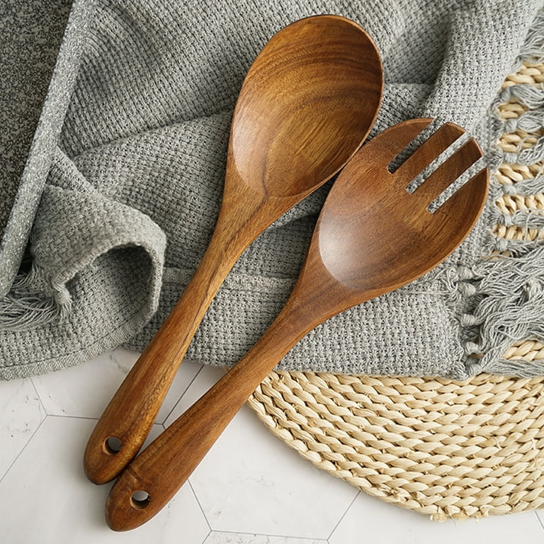 4 Pieces 10.2 Inch Wood Salad Spoons Salad Servers Wooden Serving Spoons  and Long Wood Serving Forks Non-Stick Teak Wooden Salad Server Tools for