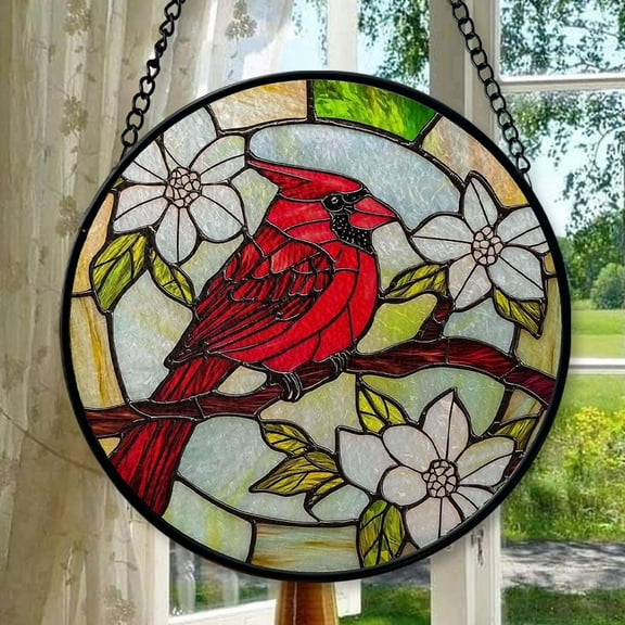 Red Cardinal Stained Glass Window Hanging, Round Bird Suncatcher with Flowers, Memorial Gift, Nature Lover Decor, Fall Window Ornament, Stained Glass Ornament 2025, Holiday