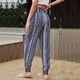 thumbnail image 4 of Pantalones cónicos tipo farol, pantalones elásticos con cintura media fruncida, estampado floral, con cordón, para mujer, azul, L, 4 of 7