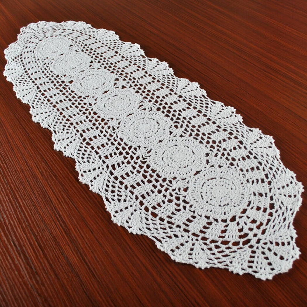 Vintage White Lace Table Runner Dresser Scarf Oval Doilies Wedding Decoration 