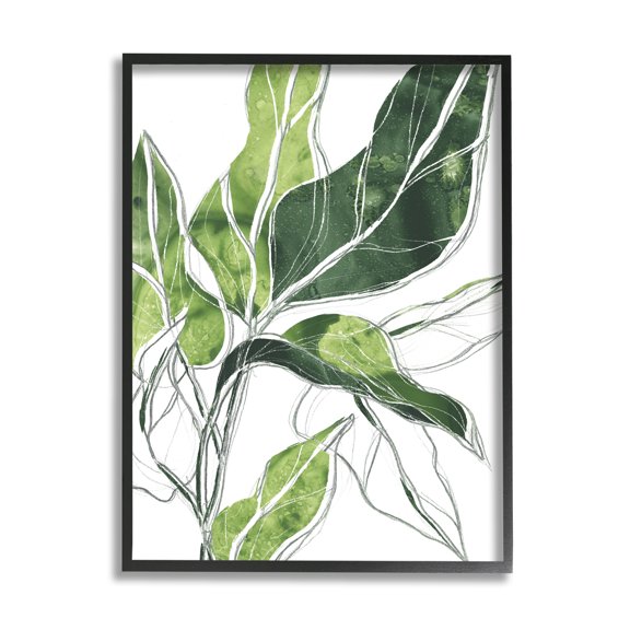 Stupell Industries Expressive Palm Linework Green Pop Detail Botanical & Floral Painting Black Framed Art Print Wall Art, 16 x 20