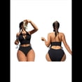 thumbnail image 3 of Conjuntos de Bikini para Mujer, de Cintura Alta, Acanalados, con Cuello Halter y Cordón Fruncido, de Dos Piezas. Negro XL, 3 of 9