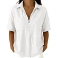 thumbnail image 3 of VBVC Women's Cotton-Linen Half-Zip Collared Shirt,Ladies Short Sleeve Pocketed Casual Blouse,Loose Fit Lightweight Summer Top for Women,White,S-2XL, 3 of 8
