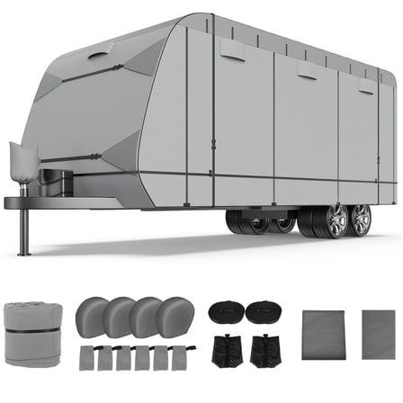 SCITOO Travel Trailer RV Cover for 22'-24' ,7 Layers Heavy Duty RV Trailer Cover Camper Cover Toy Hauler Cover Windproof Waterproof Rip-Stop Anti-UV with 4 Tire Cover and Gutter Jack Cover
