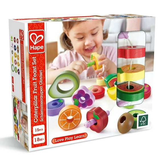 Hape: Caterpillar Fruit Feast Set - 14pc Wooden Stringing Toy, Fruit Shaped Blocks Playset, 2 Caterpillars, Sorting Play, Baby-Toddler-Kids Age 18 mo 