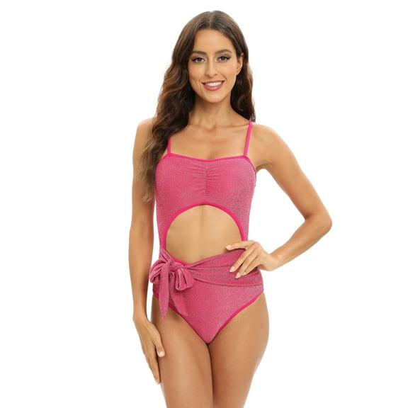 EFINNY Women's One Piece Shiny Swimsuits Front Tie Bathing Suit Sexy Cutout Waisted Swimwear