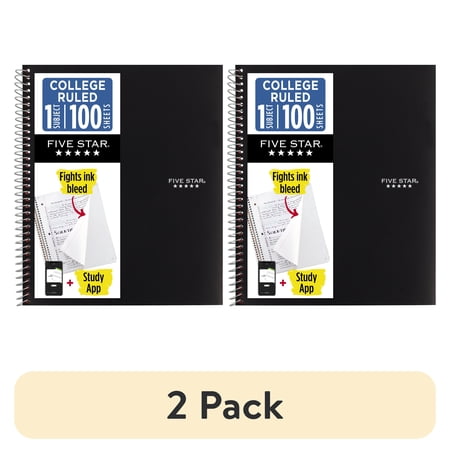 (2 pack) Five Star 1 Subject College Ruled Notebook Plus Study App, 8.5" x 11", Black, Poly, Spiral, 100 Sheets