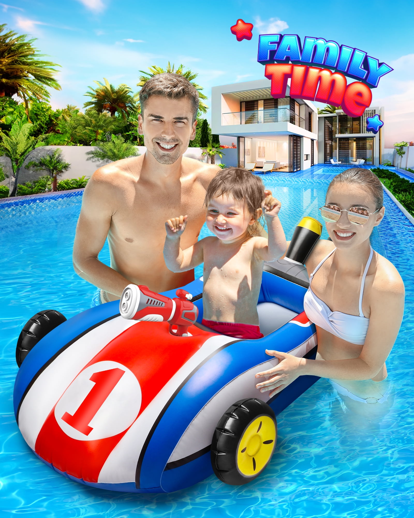 Hot Bee Inflatable Ride-on Pool Floats with Water Gun for Kids, Car Swimming Toys, Summer Outdoor Pool Game Toys for Ages 3-8, Toddler Pool Float Boys Girls 3 4 5 6+