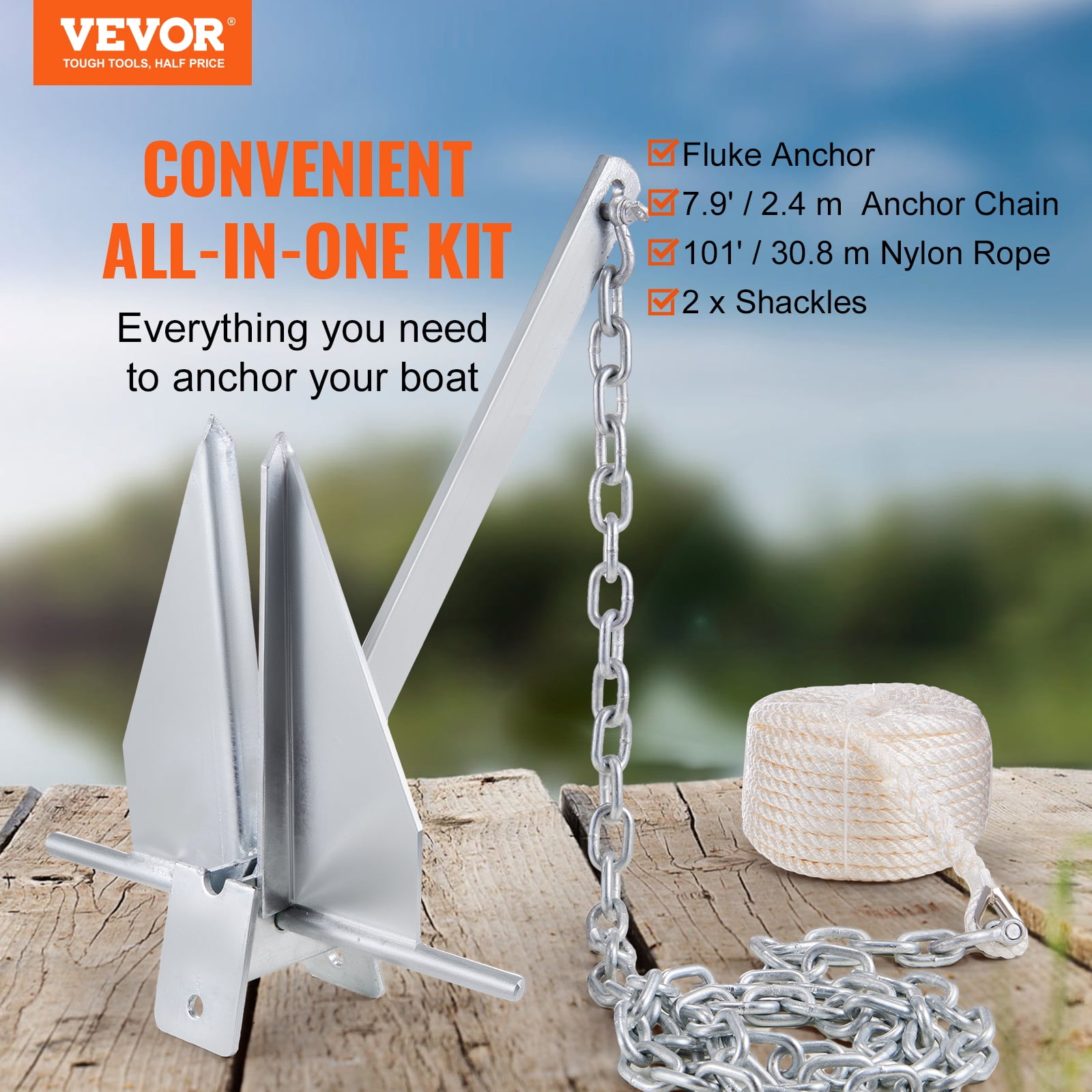 VEVOR Fluke Style Anchor Kit, 13 LBS Hot-Dipped Galvanized Steel Fluke Anchor with 7.9' Chain, 101' Rope and Two 0.4" Shackles, Marine Boat Anchor for Small Vessels Under 30', Seas, Rivers