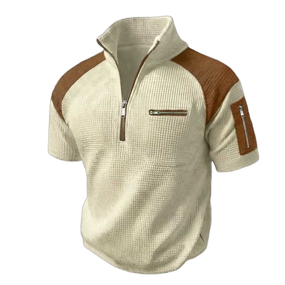 VSSSJ Mens Short Sleeve Tops Casual Stand Collar Quarter Zip Sweatshirt Lightweight Summer Vintage Waffle Pullover with Zipper Pockets Khaki XXL