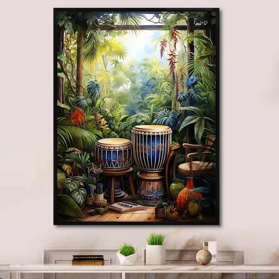 Designart "Jungle Tamtam Percussion Drum II" Music Framed Wall Art - Vintage Green Music Entryway Framed Wall Art Print