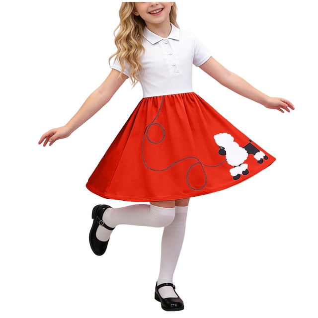 Faraee Jupe Caniche pour Tout-Petites Filles, Robe Polo à Manches Courtes, Uniforme Mignon, Robes Évasées Évasées, Ligne A, Fête, Princesse, Danse, Vêtements, Rouge, 2-3 Ans