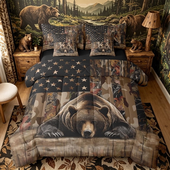 Castle Fairy Rustic American Flag 7-Piece Twin Bedding,Jungle Animal Bear Bedding Comforter Set,Brown Black Tan,Black Reversible