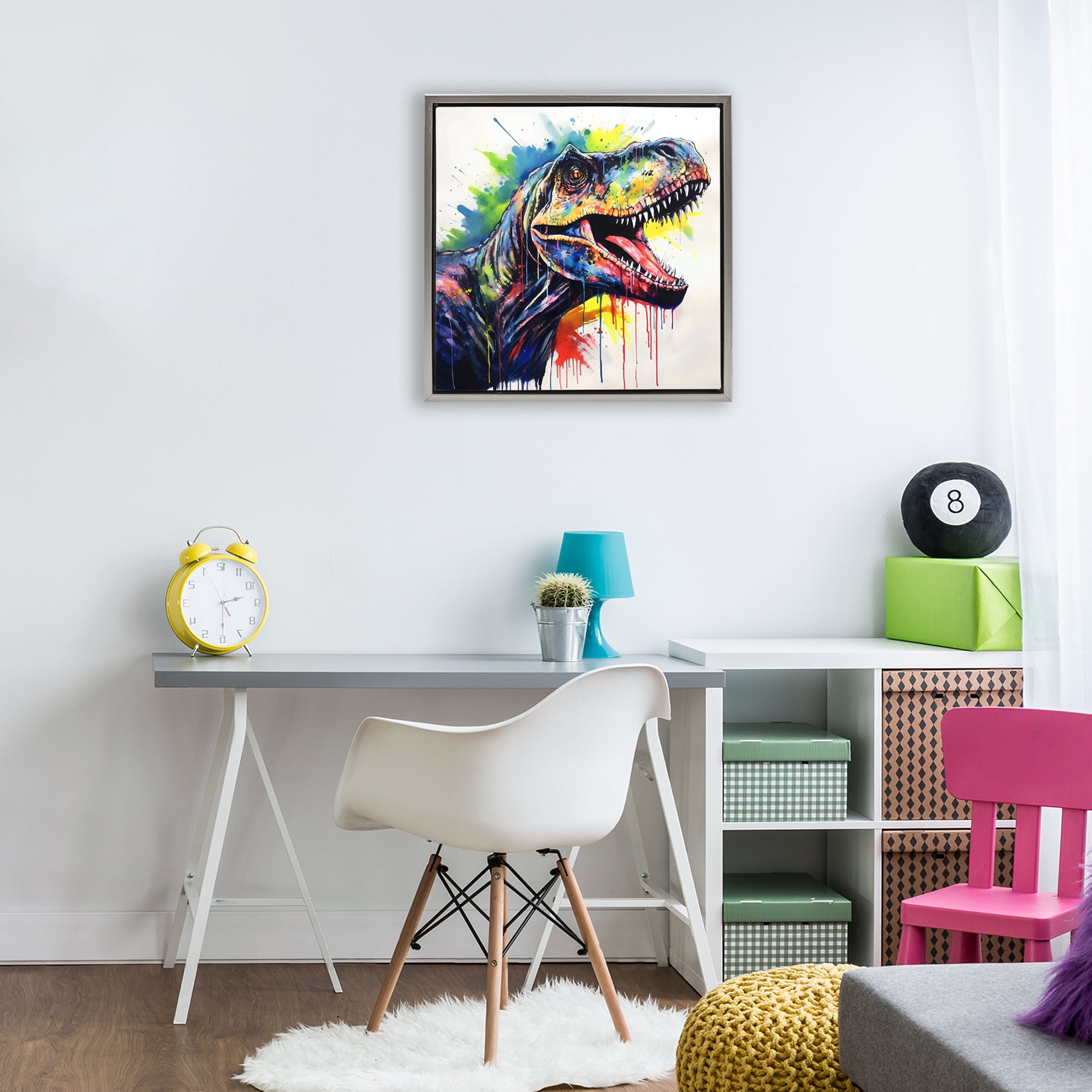 Stupell Industries Colorful T-Rex Roaring Gray Framed Floater Canvas Wall Art, design by Creative Studio