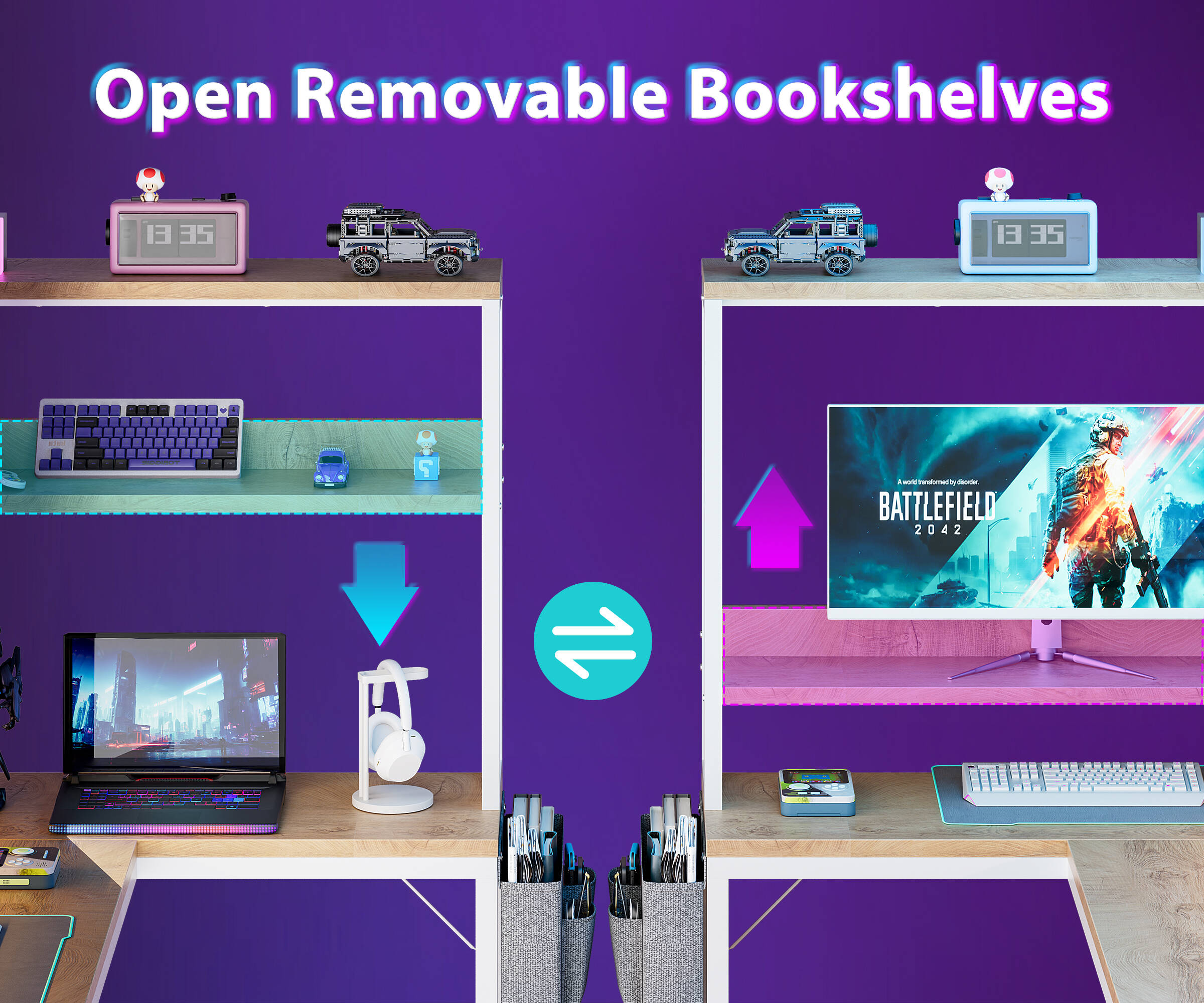 GUNAITO L Shaped Gaming Desk with CPU Stand, 71" Corner Computer Desk,Reversible Office Desk with File Drawers Cabinet,3-Tier Shelf,Natural