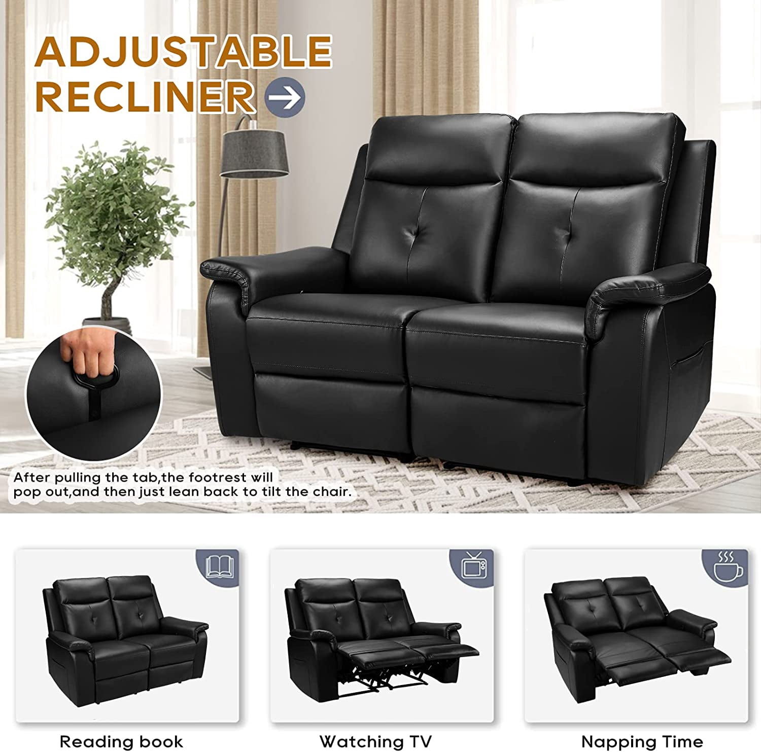 LVUYOYO Modern PU Leather Reclining Loveseat, Black