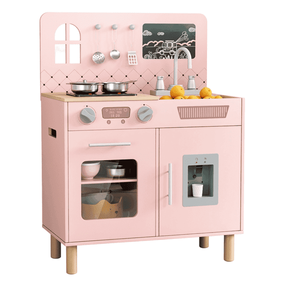 TLSUNNY Kids Wooden Play Kitchen with Real Lights & Sounds, Pretend Kitchen Playset with Sink, 6 Cookware & Chalkboard, Gift for Toddlers