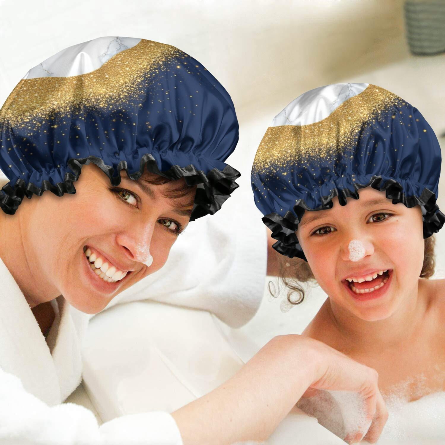 Shower Caps,Blue and Gold Marble Glitter Waves Pattern Waterproof Shower Cap for Women 4 Pieces,Double Reusable Hair Cover for Shower PEVA Elastic Stretch Hem