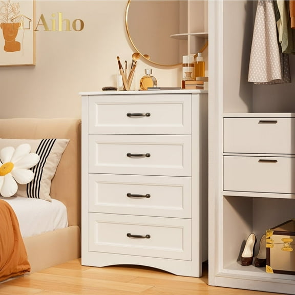 Aiho White Dresser with 4 Drawers, Vertical Storage Dresser for Bedroom, Hallway, Entryway, Closet Organizer, Nightstand Bedside Table Furniture