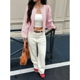 thumbnail image 2 of Women Button Up Cardigan Fall Trendy Crew Neck Long Sleeve Knit Cropped Sweater Jacket Pink S, 2 of 5