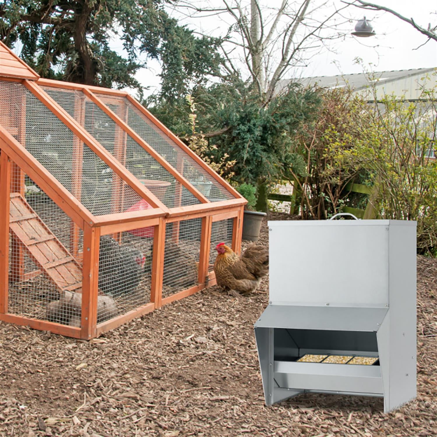 Kadyn Wall Galvanized Chicken Trough Feeder, Weatherproof Poultry Food Dispenser with Lid 50LB Capacity, Silver