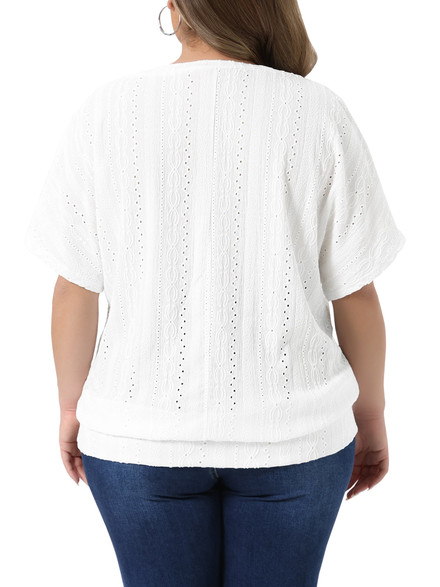 DARING DIVA Women's Plus Crew Neck Hollow Short Sleeve T Shirt 1X White